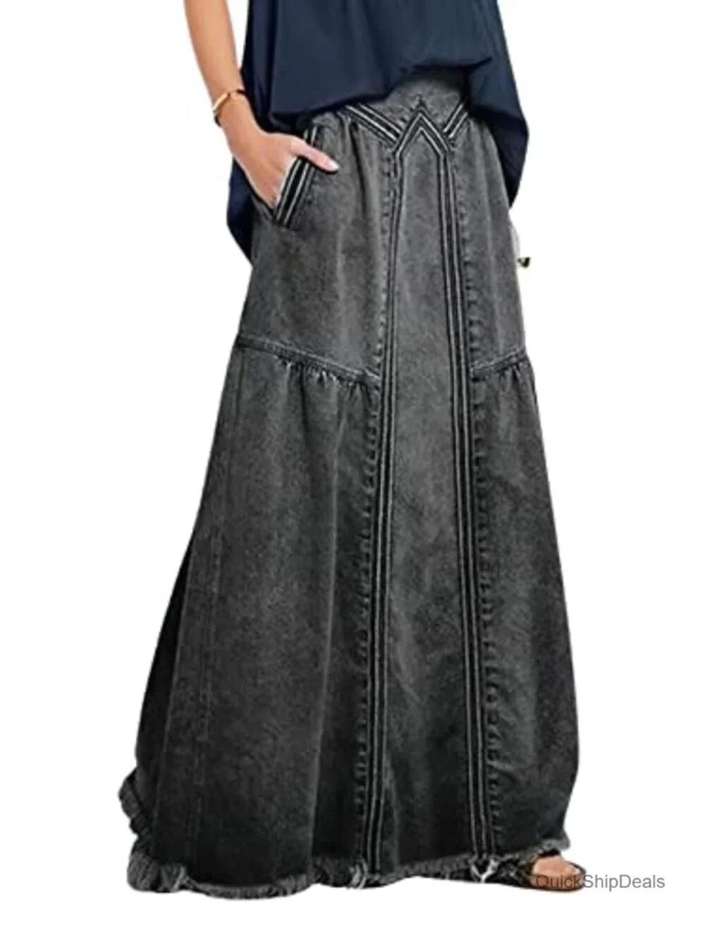 Vintage Frayed Hem A-Line Maxi Denim Skirt, High Waist Elastic, Distressed